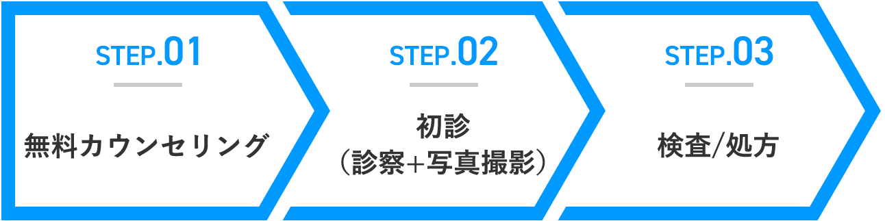 STEP.01 カウンセリング予約 STEP.02 初診（診察+写真撮影） STEP.03 検査/処方