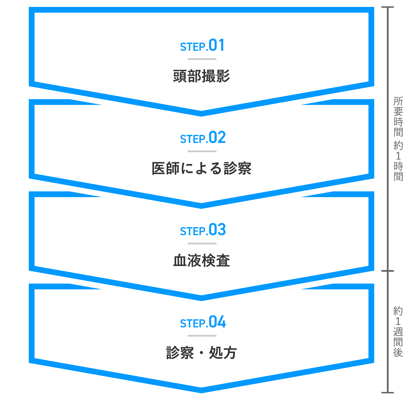 STEP.01 頭部撮影 STEP.02 医師による診察 STEP.03 血液検査 STEP.04 診察・処方