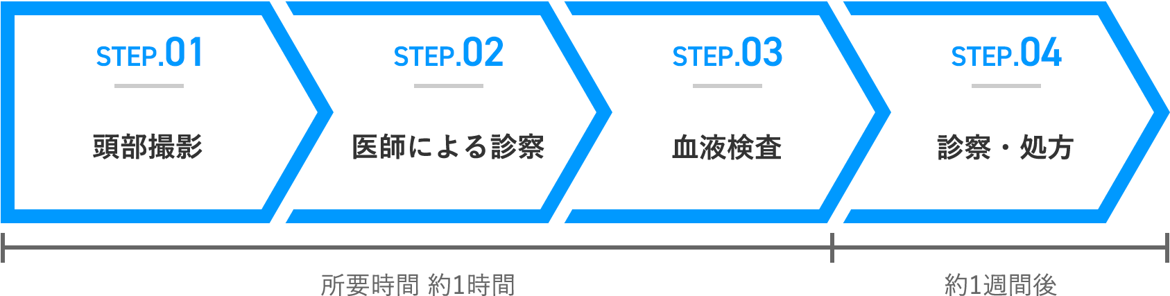 STEP.01 頭部撮影 STEP.02 医師による診察 STEP.03 血液検査 STEP.04 診察・処方